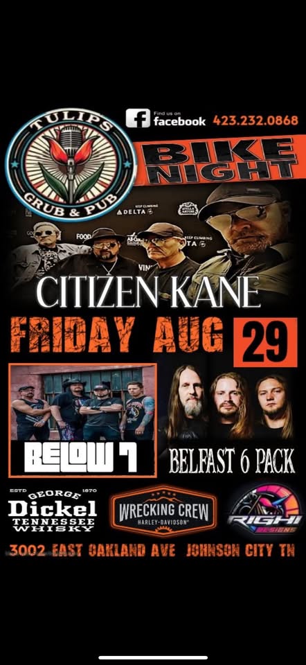 Bike Night with Citizen Kane & Below 7 & Belfast 6 Pack Live at Tulips